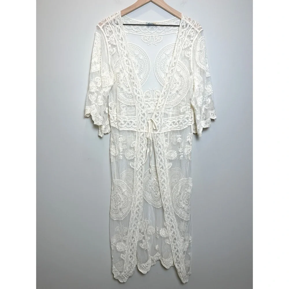 Rebellion Again Long Sheer Duster Cardigan Lace Crochet Romantic White Cream L‎